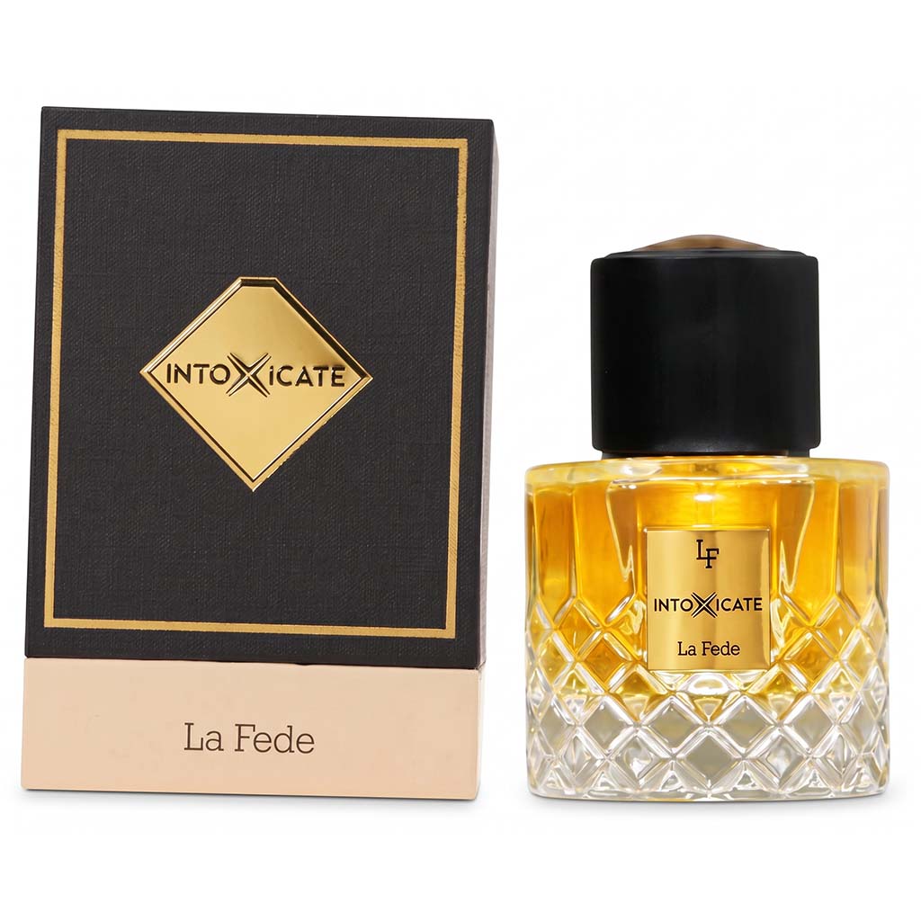 Perfume bottle and packaging of 'Intoxicate La Fede' on a white background
