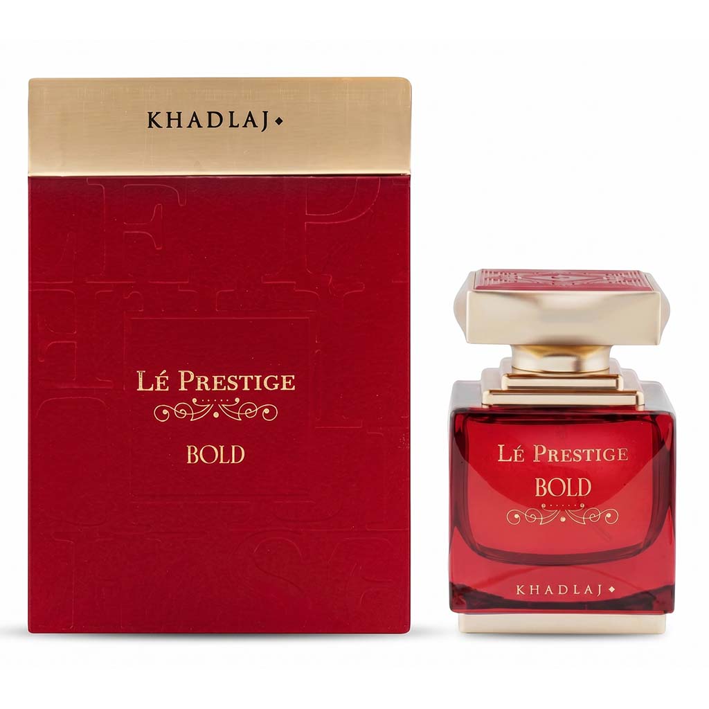 Red perfume bottle and packaging with 'Khadlaj' branding on a white background