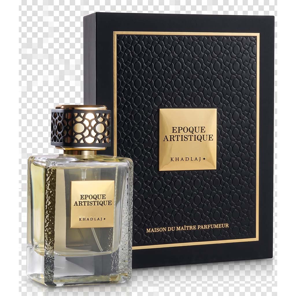 Perfume bottle and packaging of 'Epoque Artistique' by Khadlaj on a transparent background