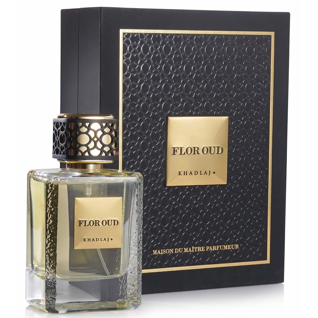 Perfume bottle and packaging with 'Flor Oud' branding on a white background