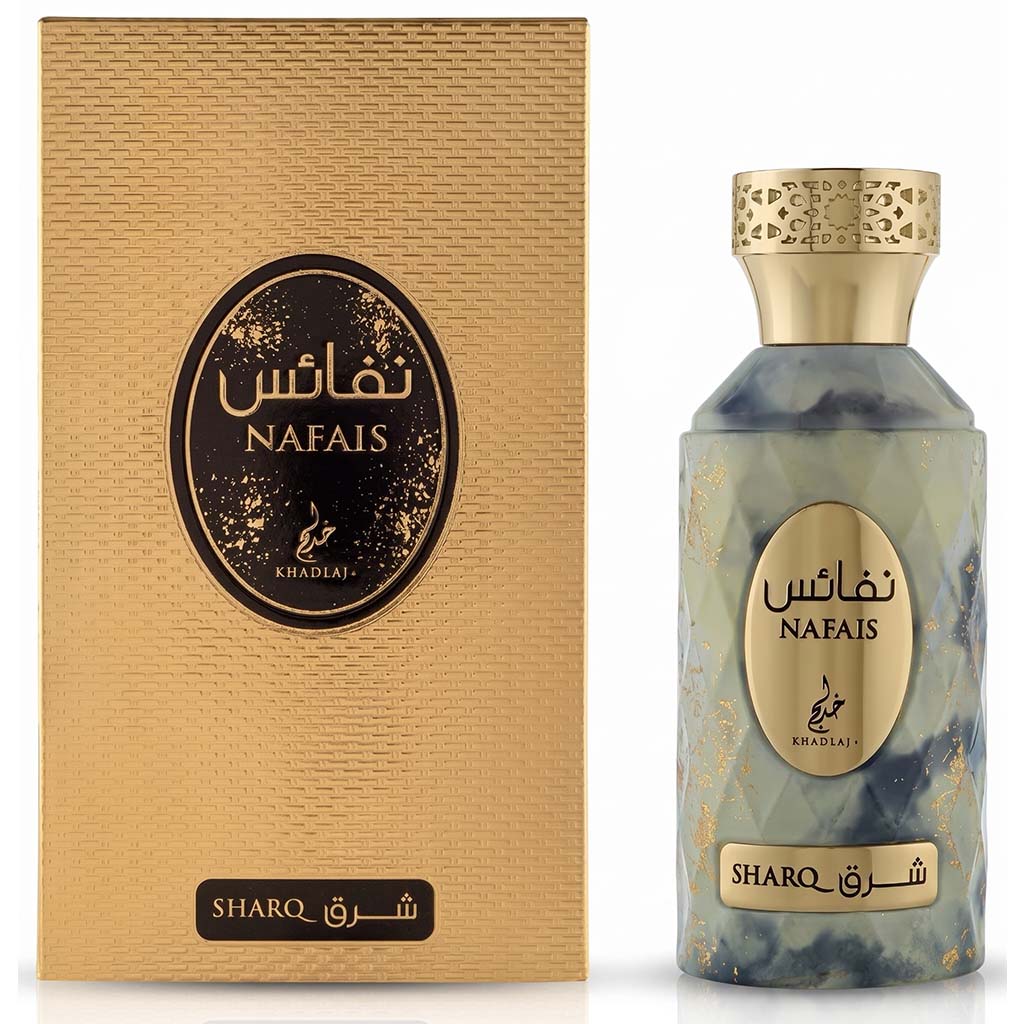 Nafaais Sharq perfume bottle and packaging on a white background
