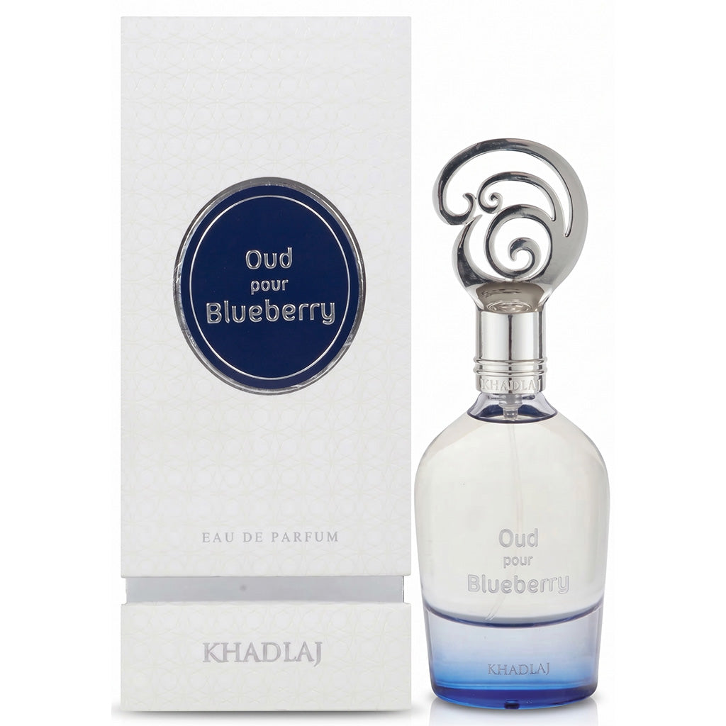 Perfume bottle and packaging of 'Oud pour Blueberry' by Khadij on a white background