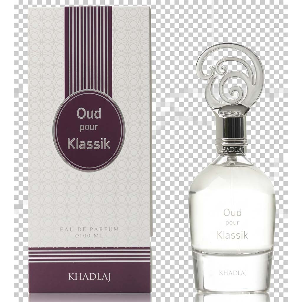 Khadlaj Oud pour Klassik perfume bottle and packaging on a transparent background