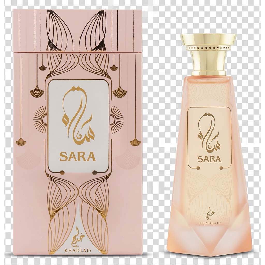 Sara perfume bottle and packaging with gold accents on a transparent background