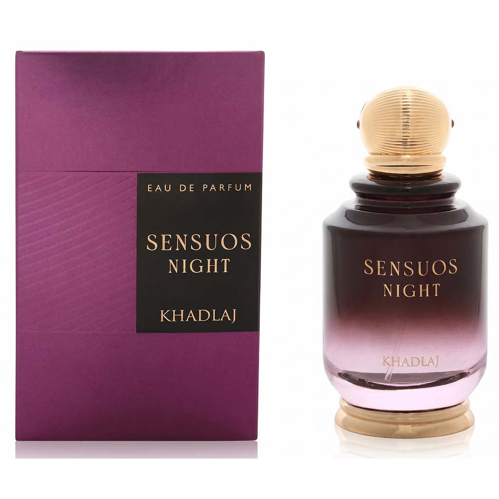 Perfume bottle and packaging of 'Sensuos Night' by Khadlaj on a white background