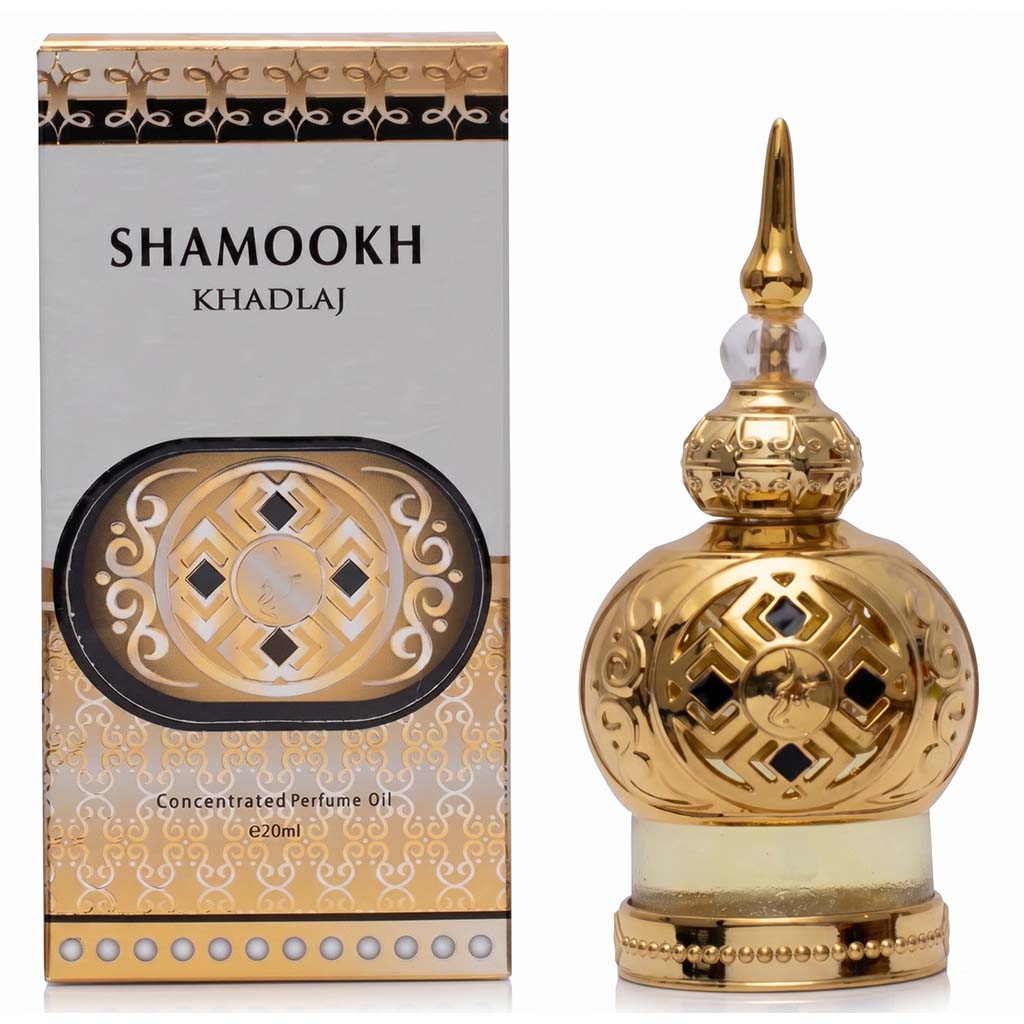 Gold and white concentrated perfume oil bottle with packaging labeled 'Shamookh Khadlaj' on a white background.