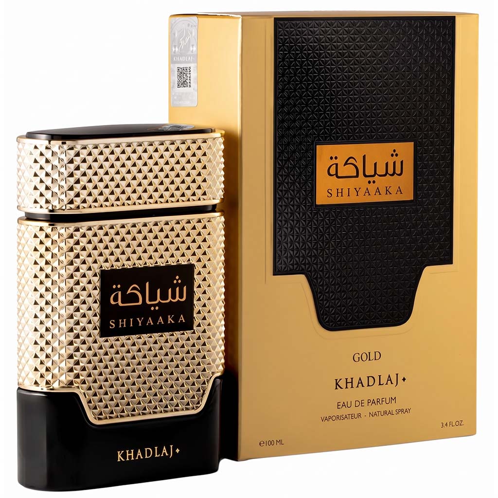 Shiyaaka Gold Khadlaj perfume bottle and packaging on a white background