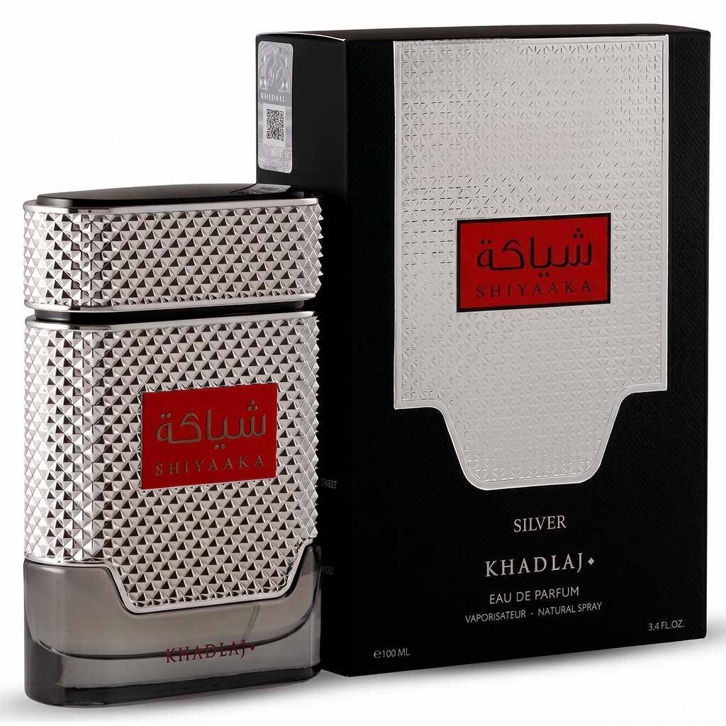 Perfume bottle and packaging of Shivaaqa Khadlaj Silver on a white background
