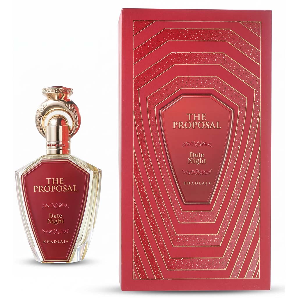Perfume bottle and packaging of 'The Proposal' by Khaled on a white background