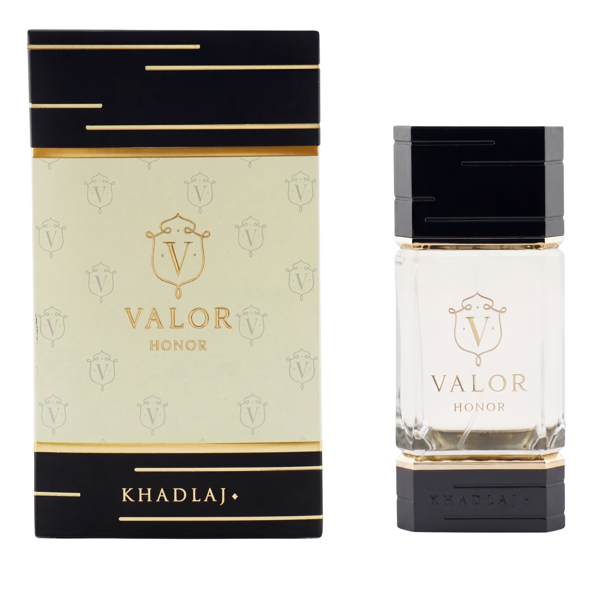 Khadlaj Valor Honor perfume bottle and packaging on a white background