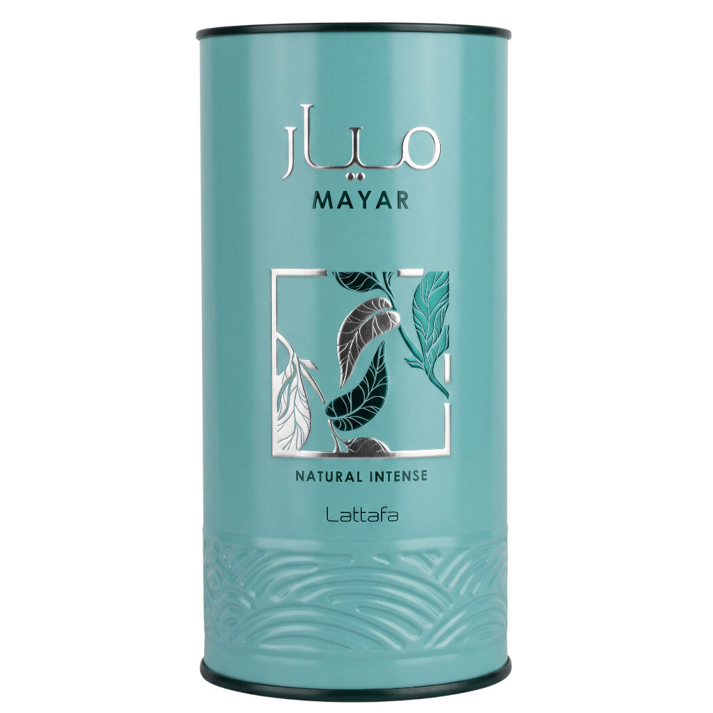 A tall cylindrical teal tin canister of Lattaafa Mayar Natural Intense Lattafa, featuring silver and white branding and botanical leaf illustrations on the front, set against a plain white background.