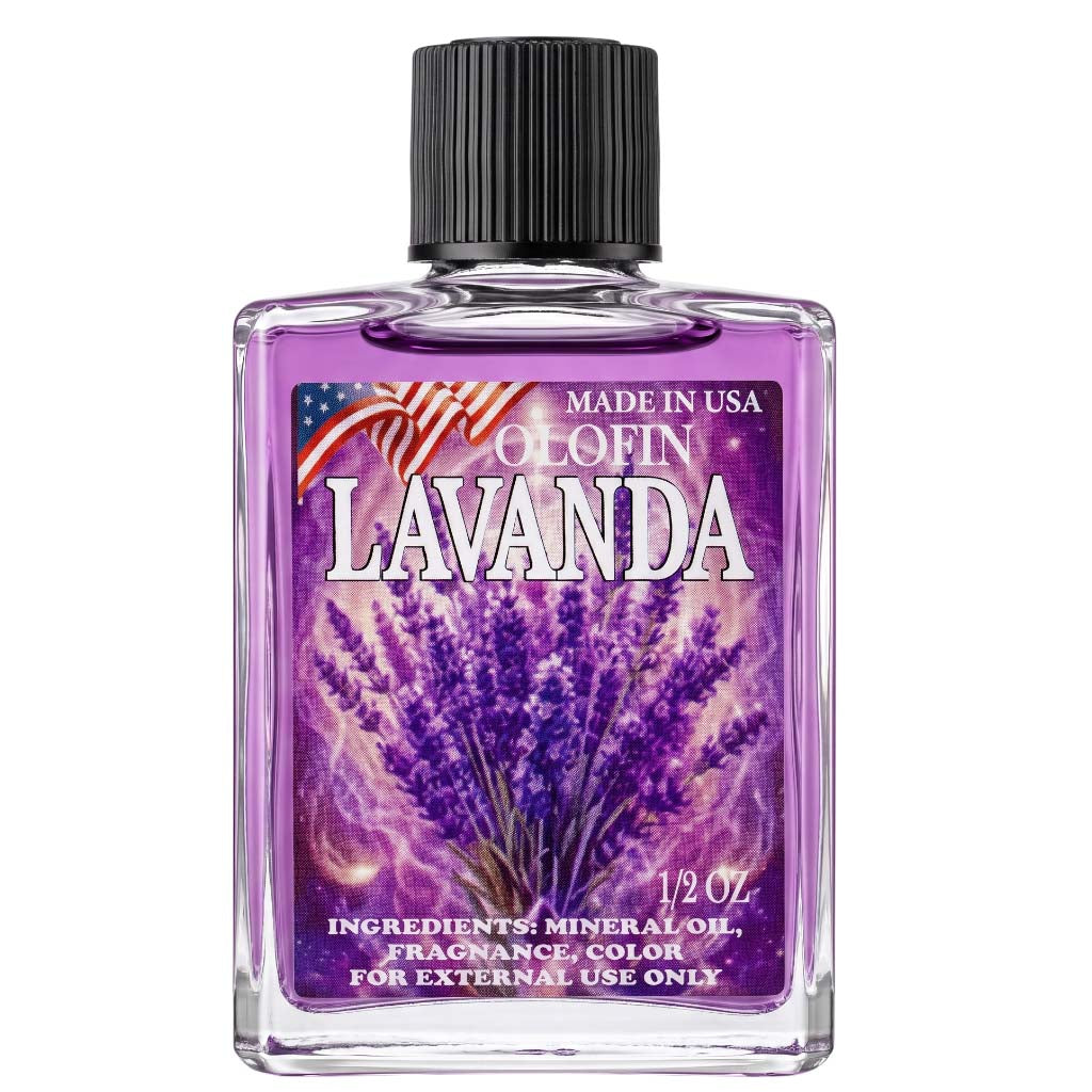 A 1/2 oz clear glass bottle of Lavanda fragrance oil with a black ribbed cap and a purple lavender-themed label, shown on a plain white background.