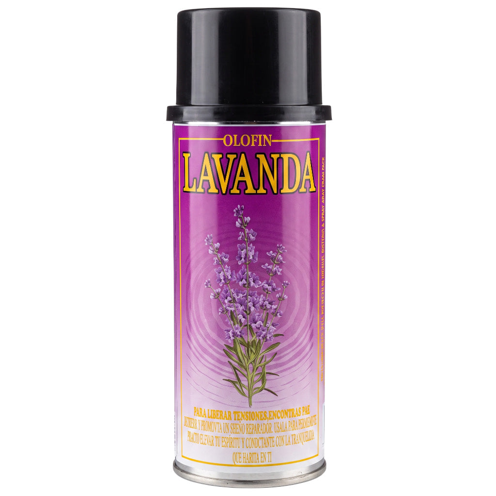 A can of Olofin Lavanda body spray with a black cap and a purple label featuring a lavender plant illustration.