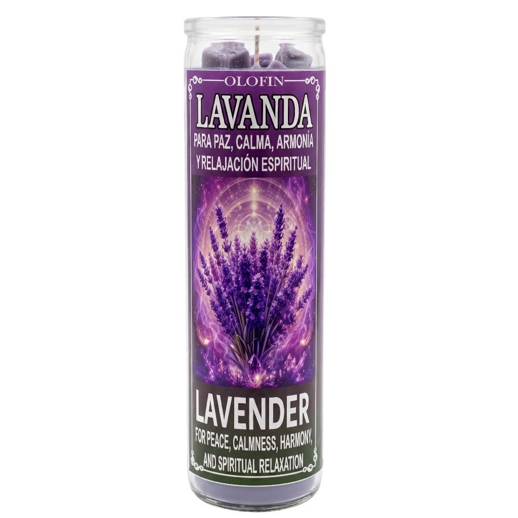 A tall glass jar candle with a purple lavender-themed label, featuring a lavender bouquet illustration and Spanish text including 'OLHIN' and 'LAVENDER'.