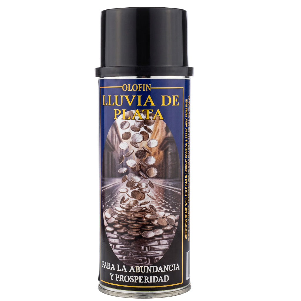A can of Olofin 'Luuvia de Plata' (Silver Rain) spray, featuring a black cap and a dark blue label with gold lettering and an illustration of silver coins.