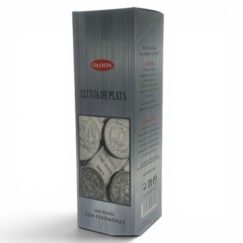 A tall rectangular silver-gray box for Olofin 'Iscenio con feromonas' (pheromone incense) labeled 'Lluvia de Plata' (Silver Rain). The packaging features a brushed metal texture, a red Olofin logo, and a graphic showing several silver coins.
