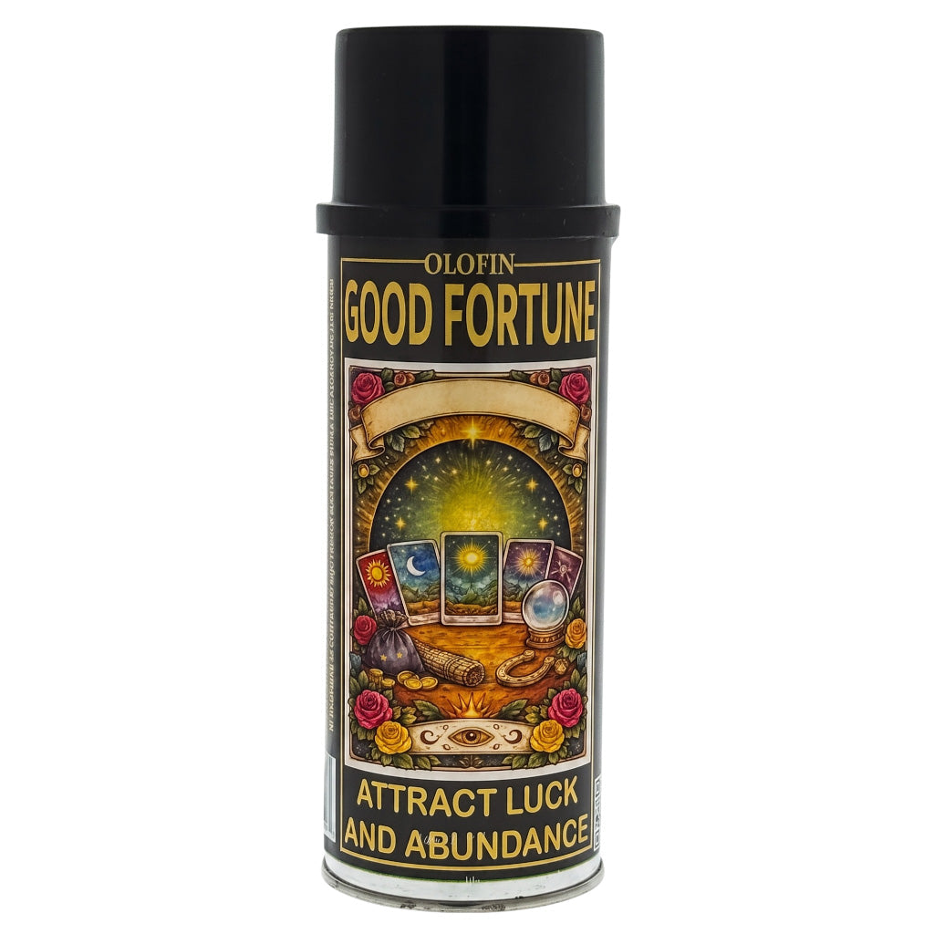 A black cylindrical canister of Olofin Good Fortune spray, featuring a colorful label with tarot cards, gold coins, and the text 'GOOD FORTUNE' and 'ATTRACT LUCK AND ABUNDANCE' on a white background.