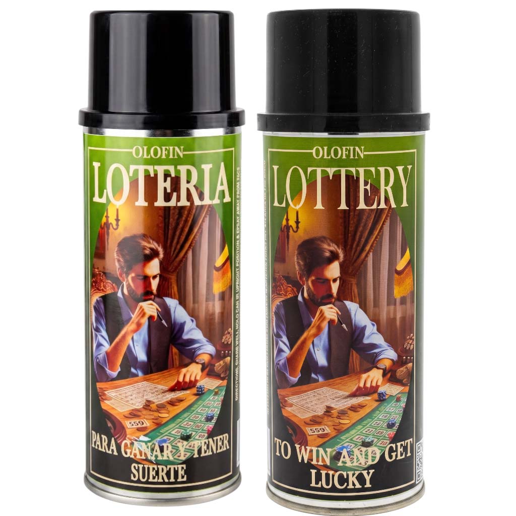 Two Olofin Lottery spray paint cans side by side on a white background, featuring a vintage illustration of a man at a gaming table.