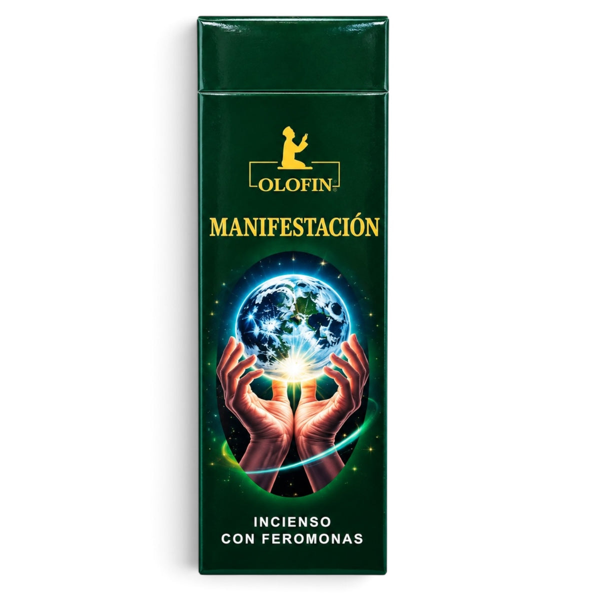 A tall, narrow dark green box for Olofin Manifestación incense with ferromones, featuring a graphic of hands holding a glowing Earth, on a white background.