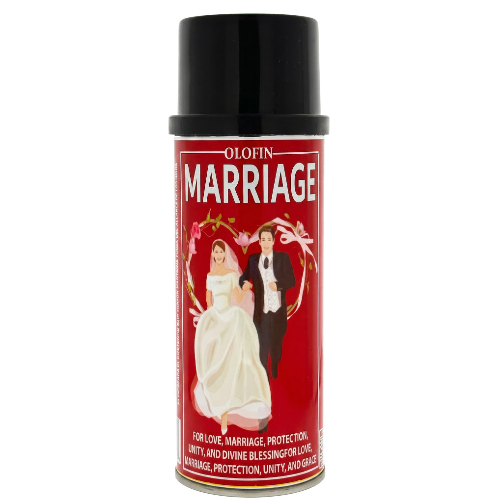 A can of Olofin Marriage protection spray with a black cap and a red label featuring a bride and groom illustration.