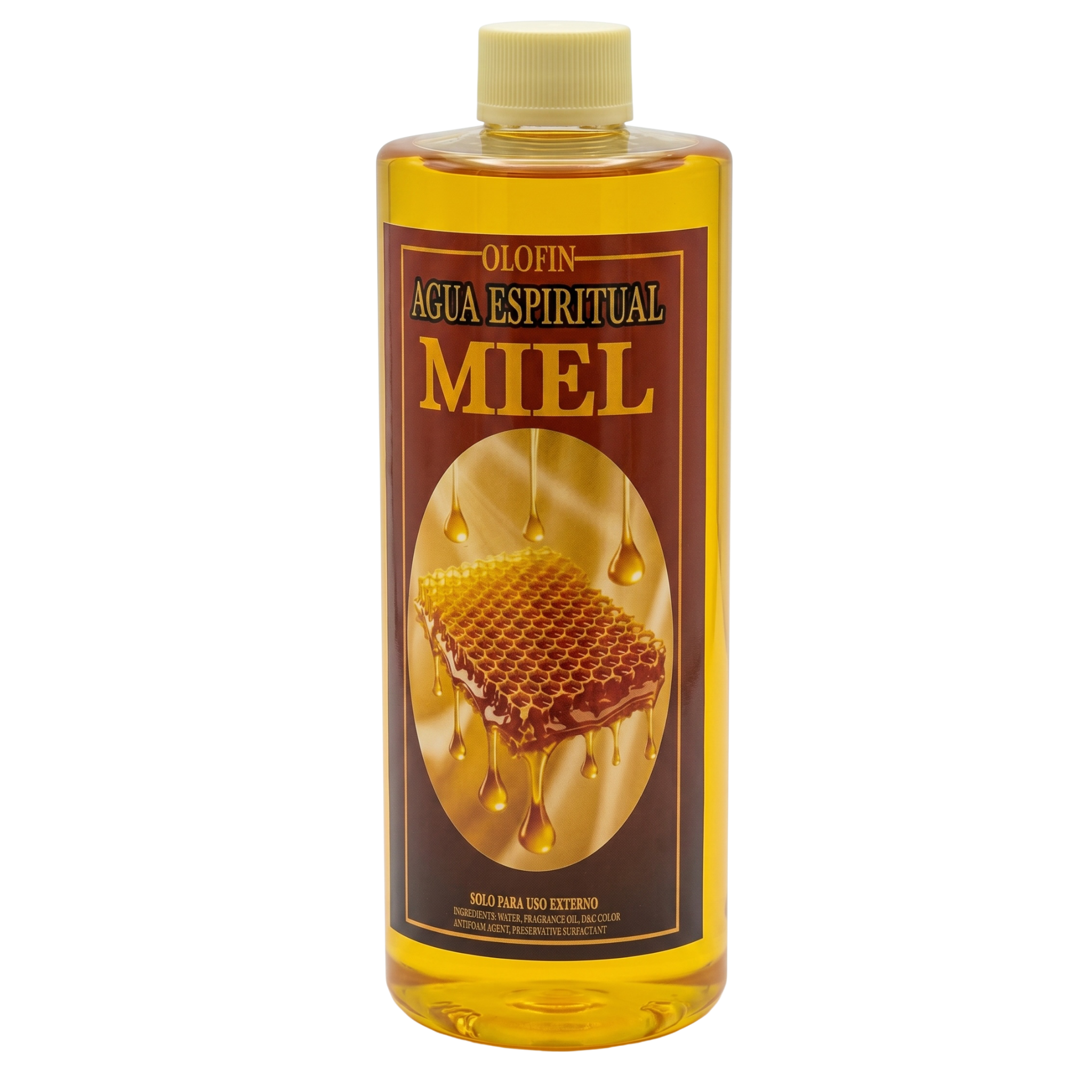 A bottle of Olofin Agua Espiritual Miel (spiritual water with honey) featuring a golden-yellow liquid inside a clear plastic bottle with a beige cap and a brown label depicting honeycomb.