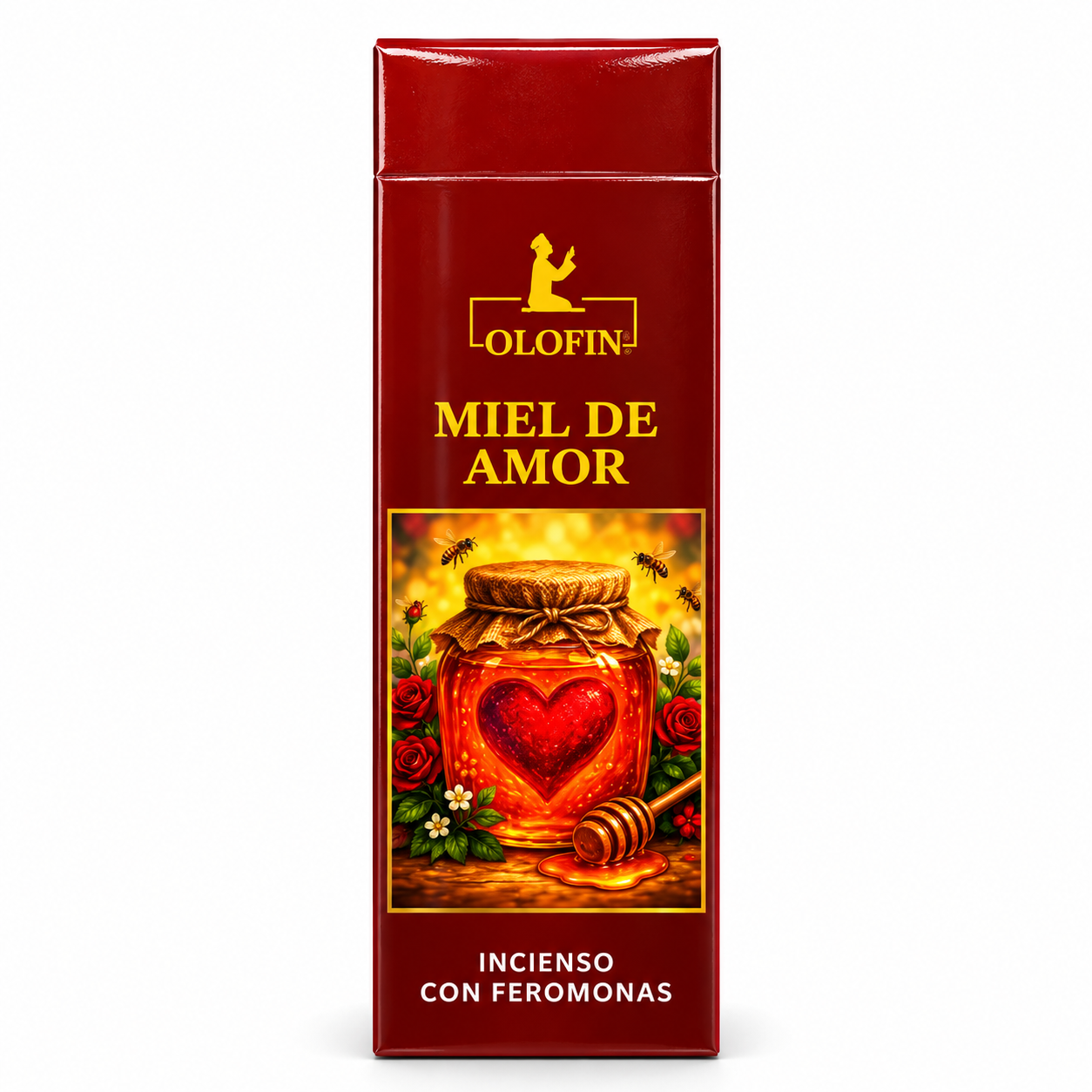 A tall, dark red rectangular box of Olofin Miel de Amor (Love Honey) with a central illustration of a honey jar with a heart-shaped glass insert, bees, and roses, on a white background.