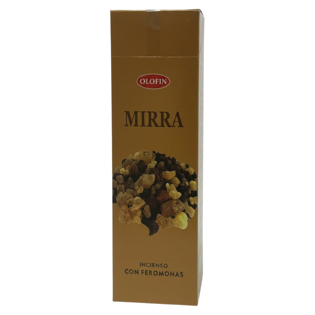A tall rectangular brown box of Olofin Mirra incienso con feromonas, featuring a photo of dried incense pieces on the front, set against a plain white background.