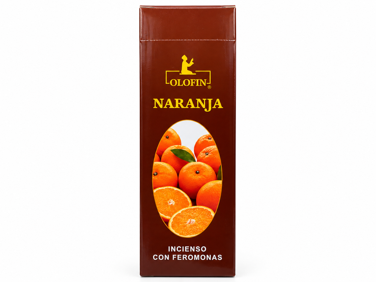 A tall rectangular brown box of Olofin Naranja incense with feromonas, featuring a graphic of oranges on the front, set against a plain white background.