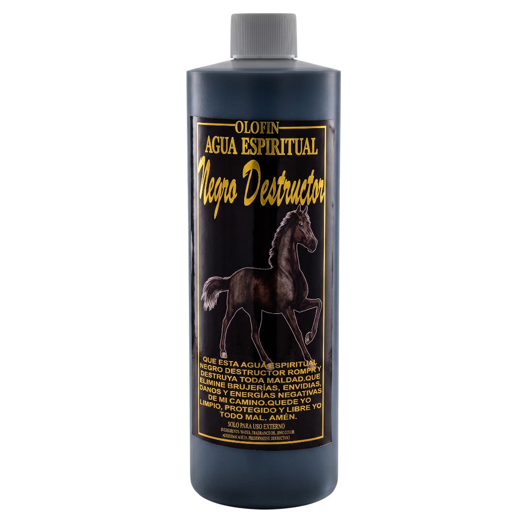 A dark blue bottle of Olofin Agua Espiritual Negro Destructor spiritual water, featuring a black label with gold lettering and a black horse illustration, on a white background.