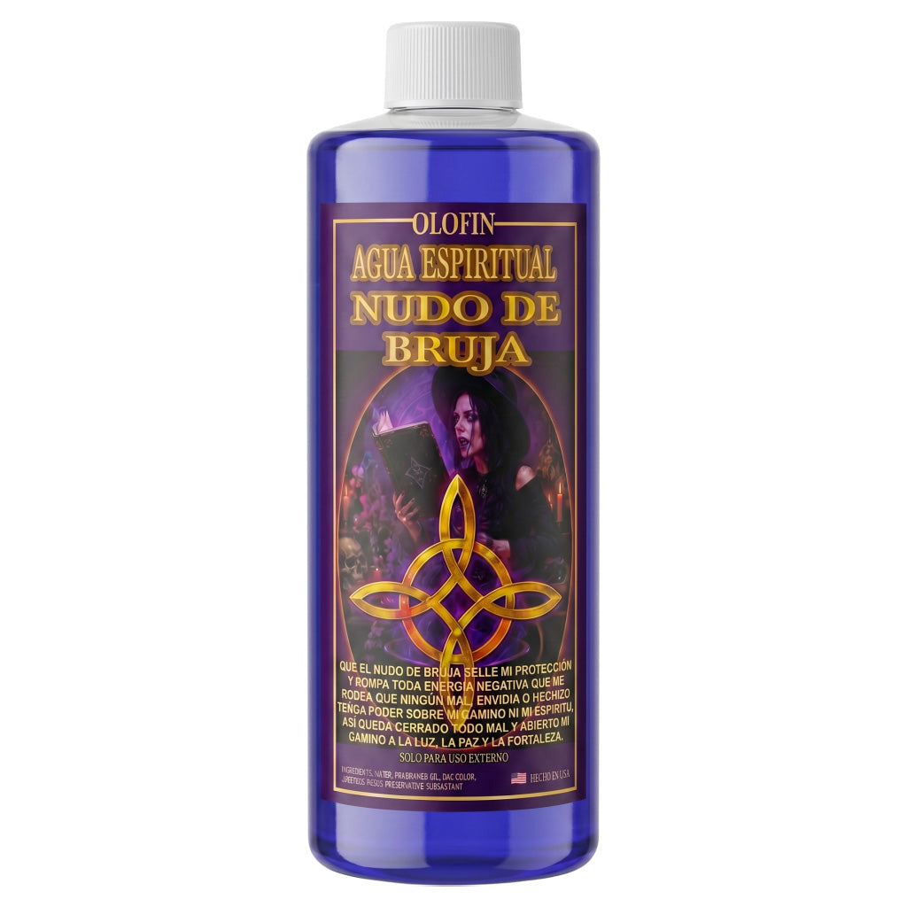 A tall, translucent cobalt blue plastic bottle with a white ribbed cap, featuring a dark purple label with gold text reading 'OLOFIN AGUA ESPIRITUAL NUDO DE BRUJA' and a witch illustration with a pentagram.