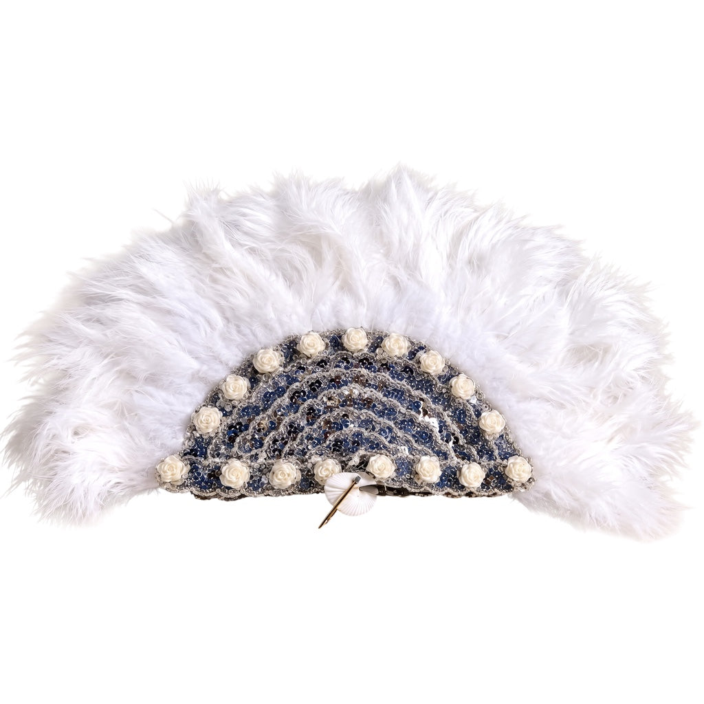 Obatala Ceremonial Fan (Abanico para Obatalá) – White Feathers with Blue & Silver Sequins, White Roses & Seashell Accent – Santeria Orisha Ritual Accessory