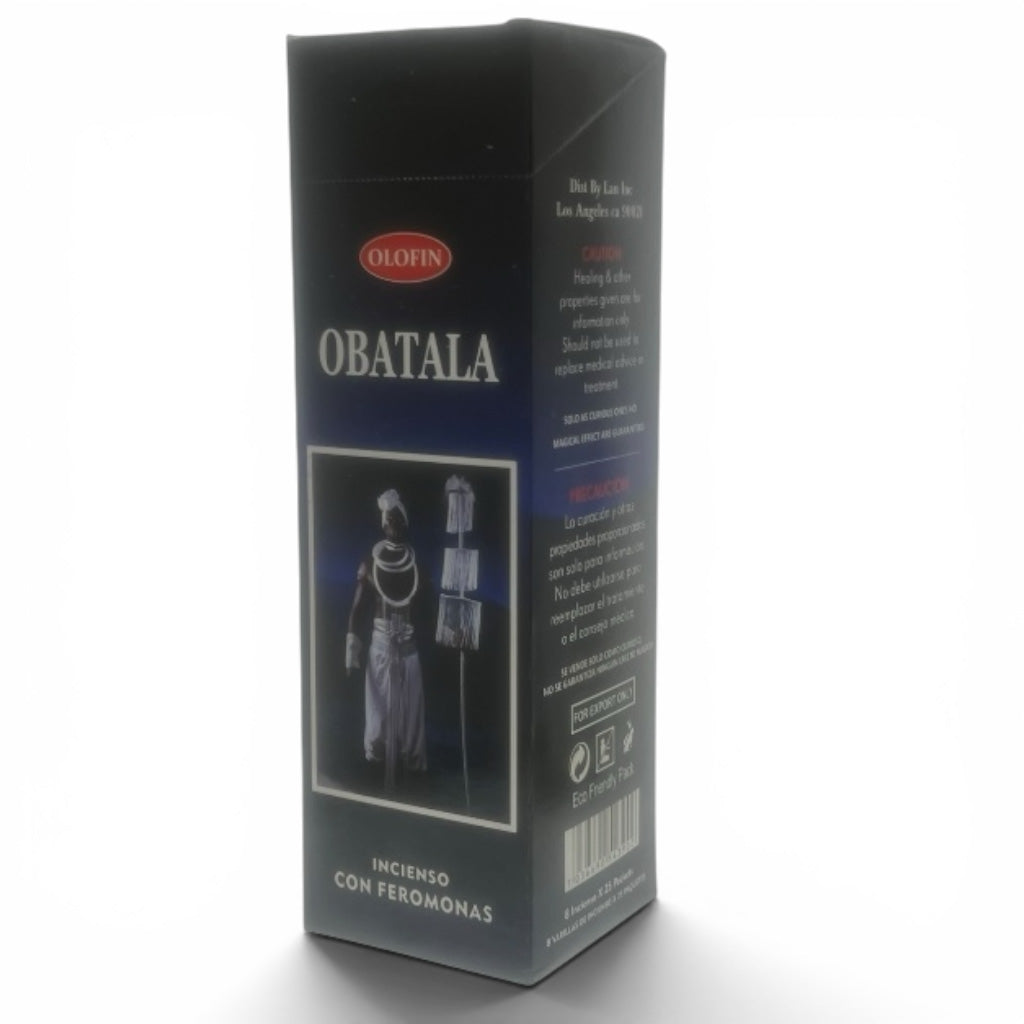A tall black rectangular product box for Olofin Obatala incense with feromonas, featuring a graphic of an astronaut and text in Spanish, set against a plain white background.