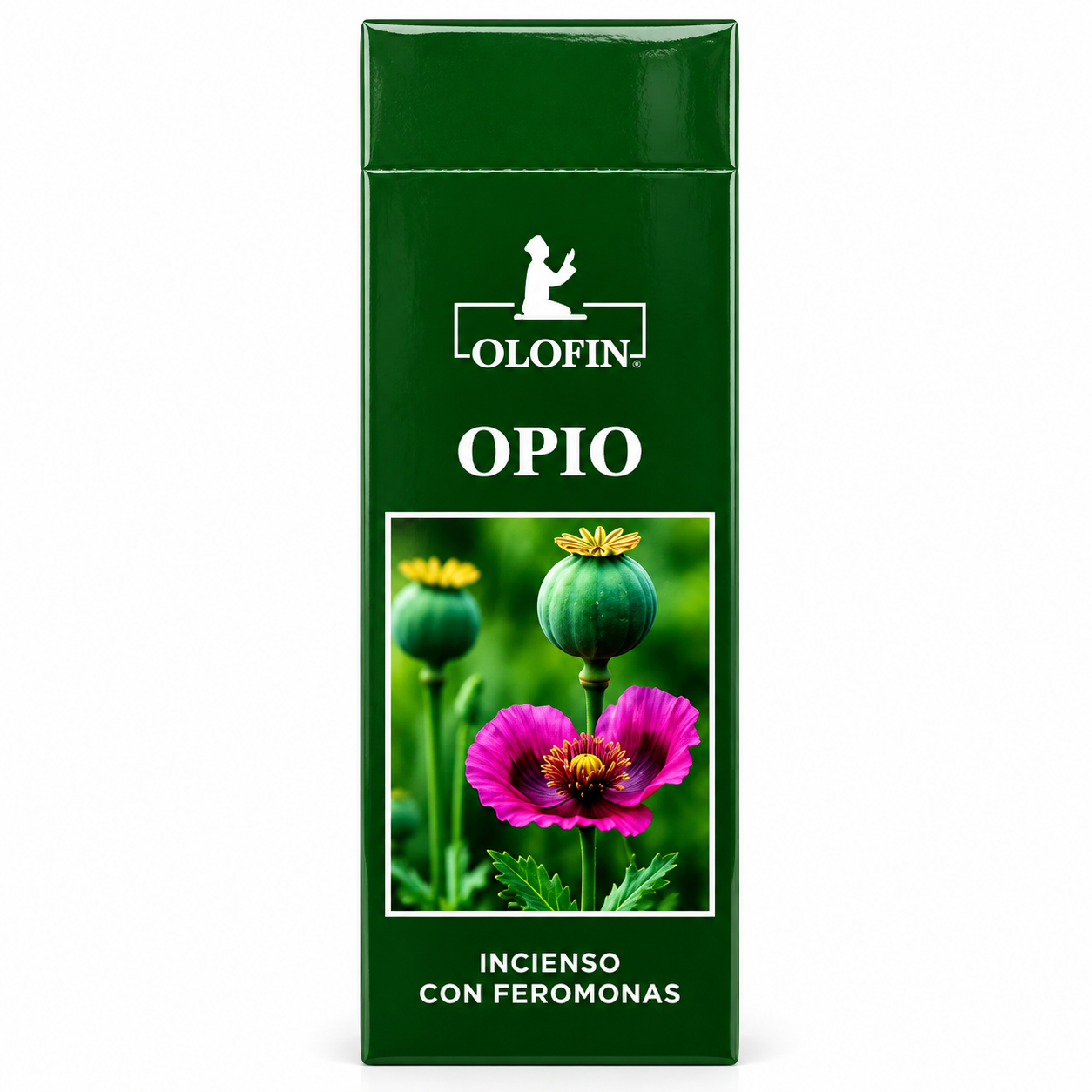 A tall rectangular green box of Olofin Opio incienso con feromonas, featuring white text and a central photo of green opium pods and a pink flower, on a plain white background.