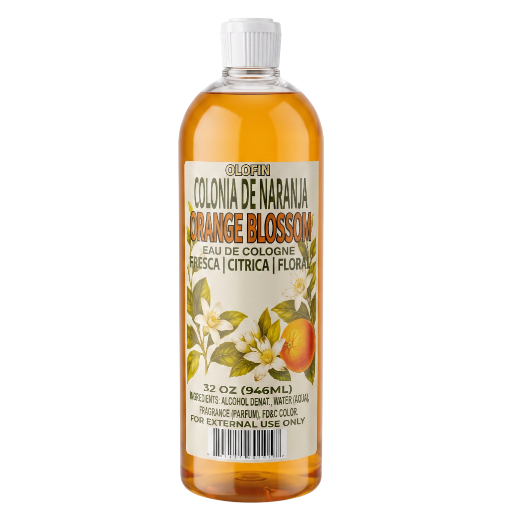 A 32 oz plastic bottle of Olfeni Colonia de Naranja / Orange Blossom Eau de Cologne, filled with amber-colored liquid and featuring a cream label with orange and white floral illustrations.