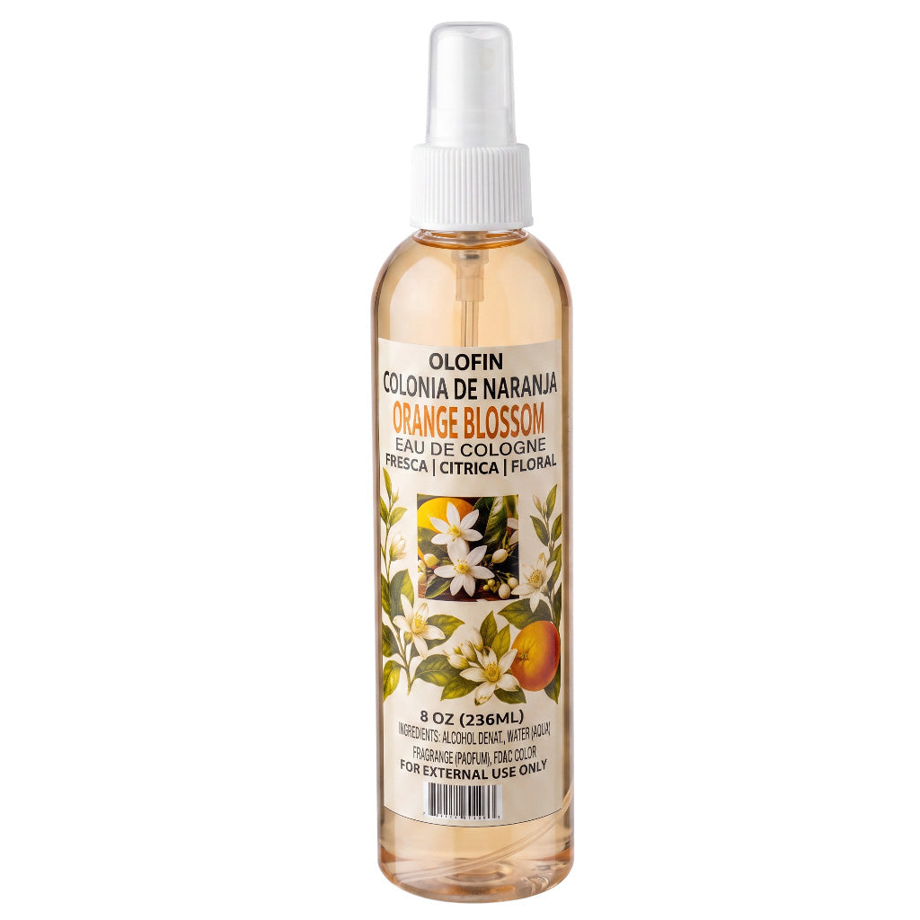 A 6 oz spray bottle of Olofin Colonia de Naranja Orange Blossom Eau de Cologne, featuring a white spray cap and a label with orange blossom illustrations on a white background.