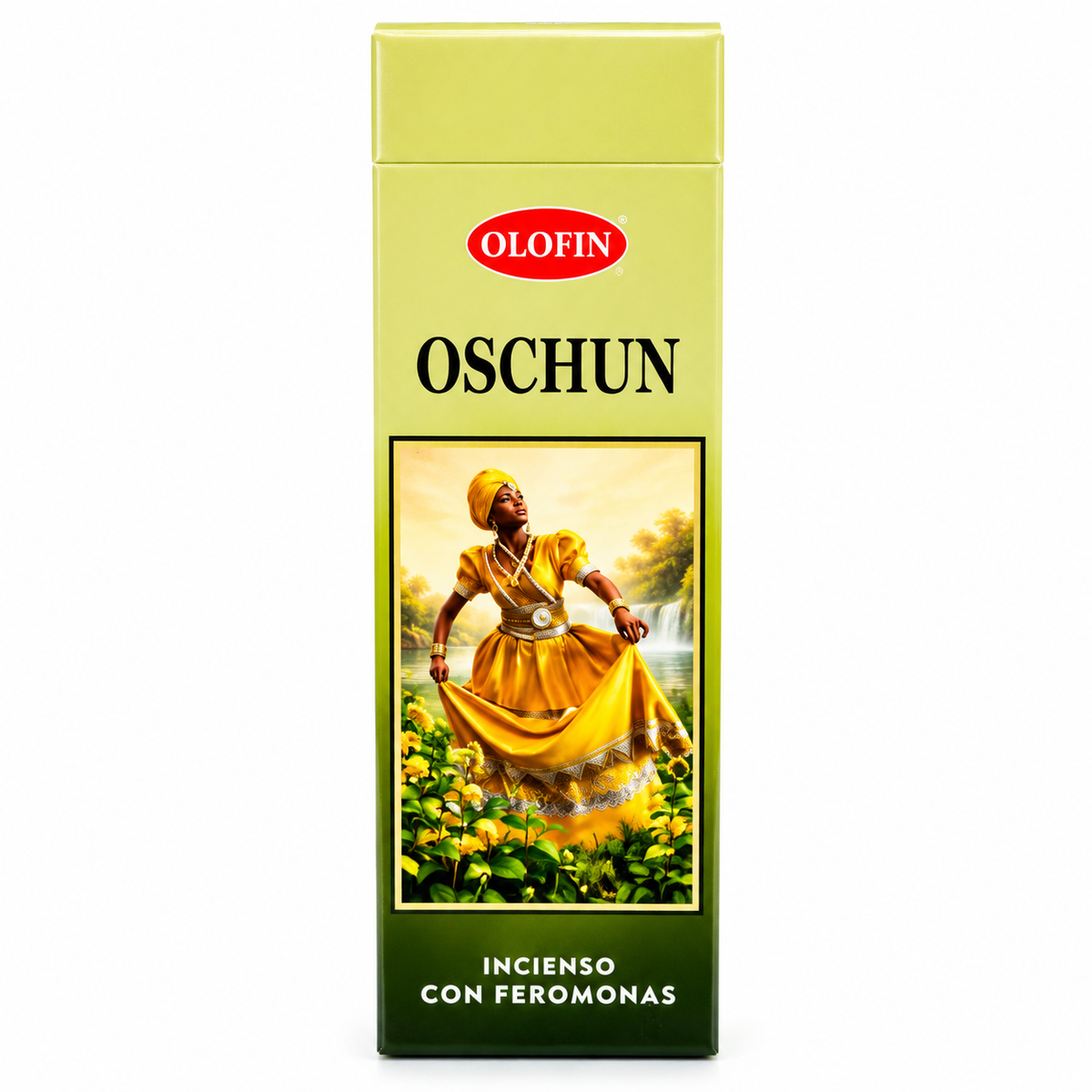 A tall rectangular box of Olofin Oschun incense with a yellow-green gradient background, featuring a central illustration of a woman in a yellow dress standing in a field of flowers.