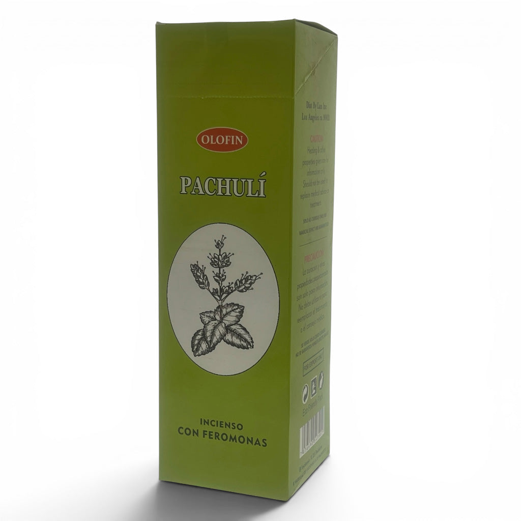 A green rectangular box of Olofin Pachuli incense with a white circular botanical illustration on the front, photographed on a white background.