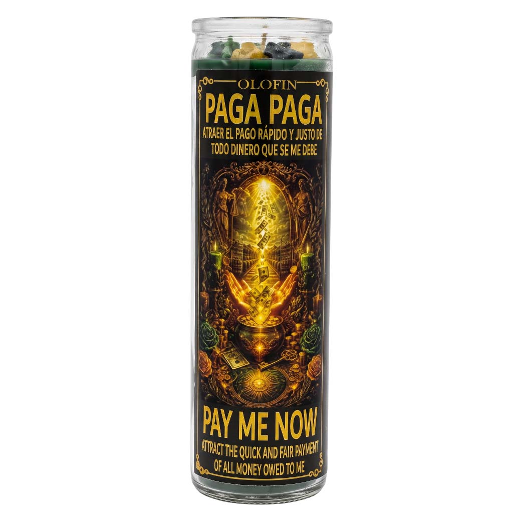 A tall glass jar candle with a black label featuring gold and yellow text and an illustrated golden altar design. The label reads 'OLIN PAGA PAGA' and 'PAY ME NOW.