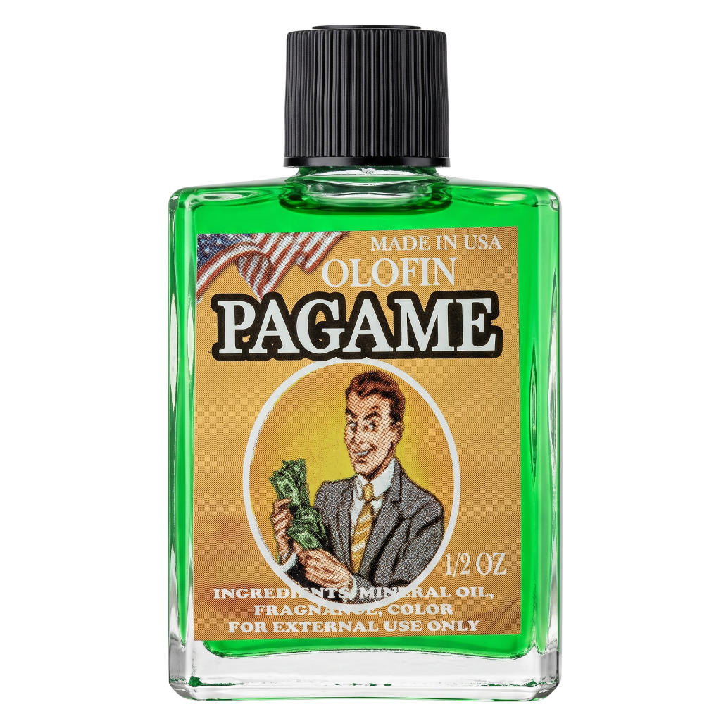 A 1/2 oz glass bottle of Olofin Pagame hair oil, featuring a bright green transparent body, a black ribbed cap, and a vintage-style tan label with an illustration of a man holding money.
