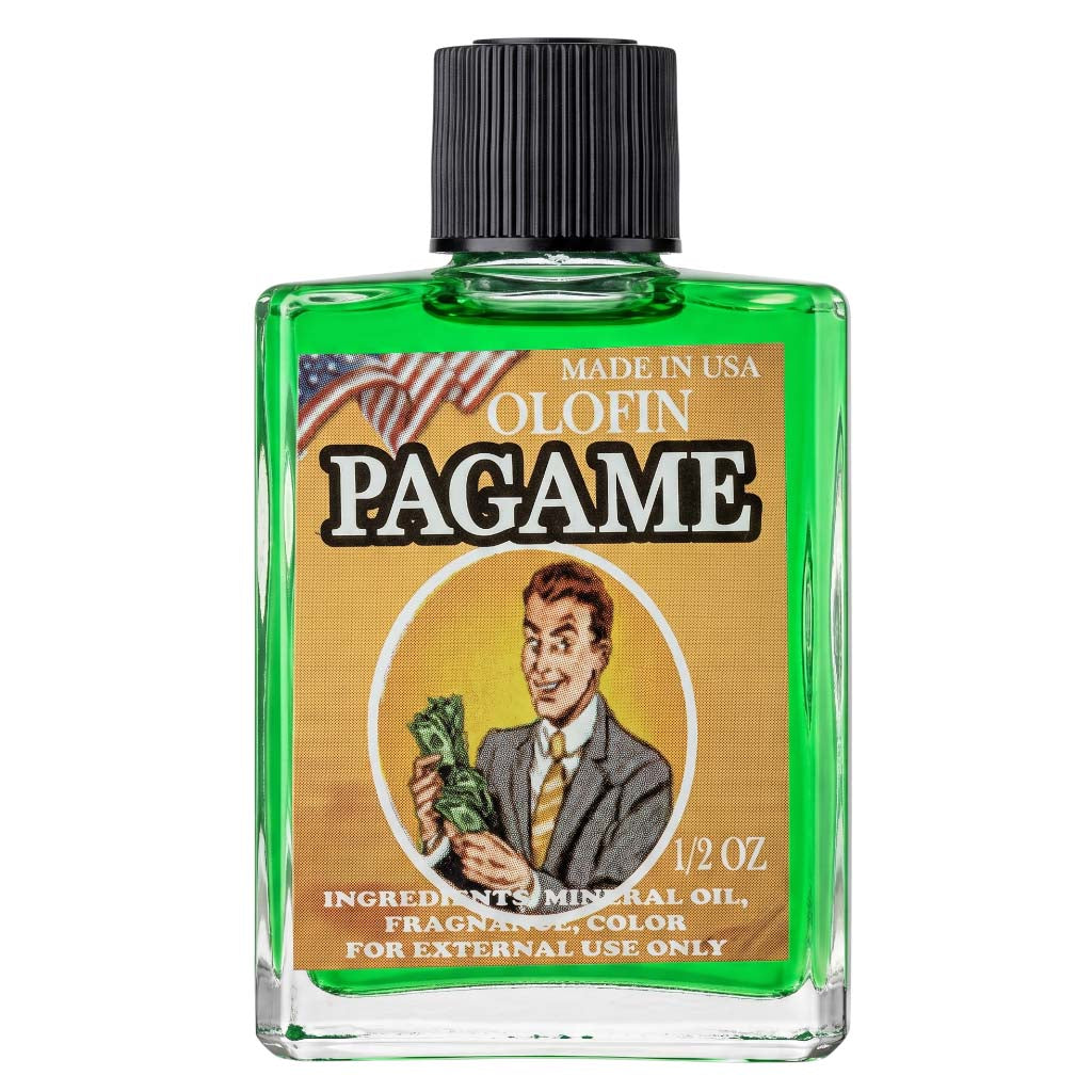 A 1/2 oz glass bottle of Olofin Pagame hair oil, featuring a bright green transparent body, a black ribbed cap, and a vintage-style tan label with an illustration of a man holding money.