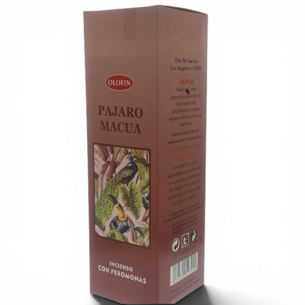 A tall rectangular brown box of Olofin Pajaro Macua incense with peronias, featuring a colorful bird illustration on the front and product details on the side, set against a plain white background.