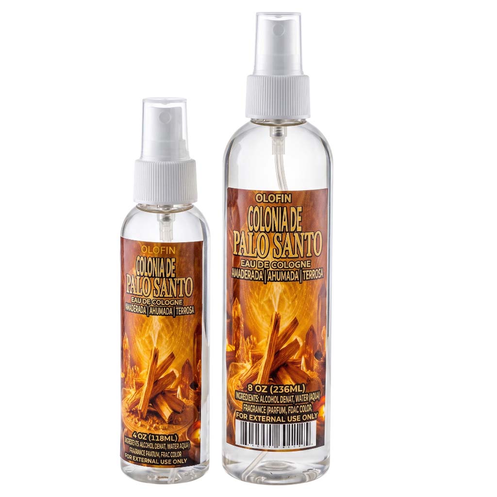Two clear plastic spray bottles of Olofin Colonia de Palo Santo (one 3 oz and one 9 oz) with white spray tops and orange and yellow fire-themed labels, shown on a white background.
