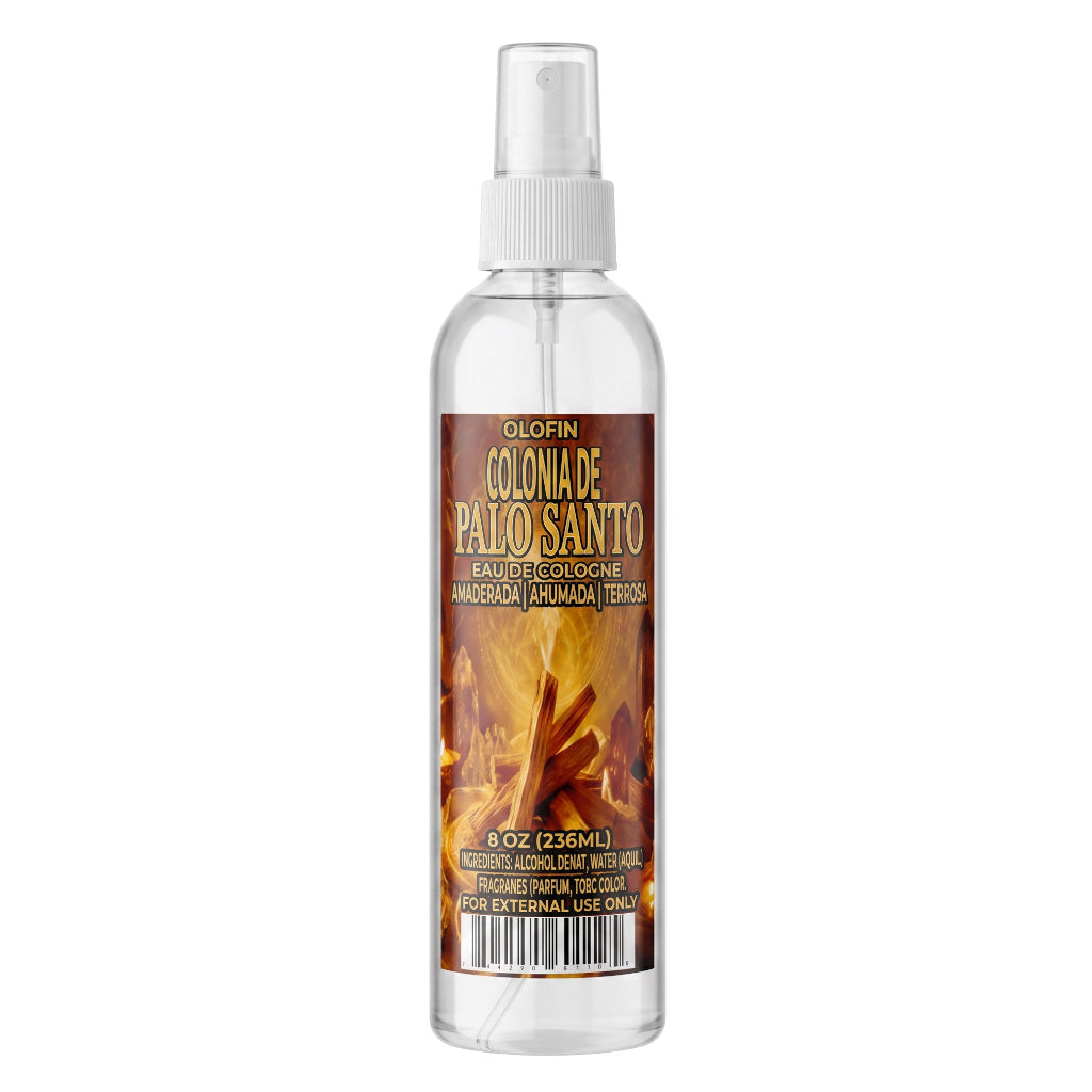 A 12 oz spray bottle of Clofin Colonia de Palo Santo incense spray, featuring a white spray nozzle and a label with a brown and orange fire graphic.