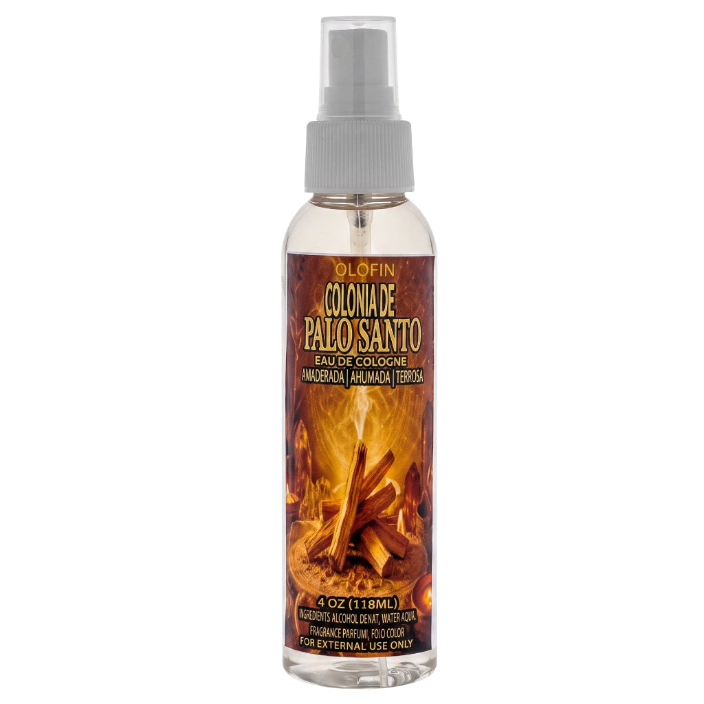 A 4 oz clear plastic spray bottle of Dlofin Colonia de Palo Santo Eau de Cologne, featuring a white spray nozzle and a label depicting a burning palo santo wood bundle.
