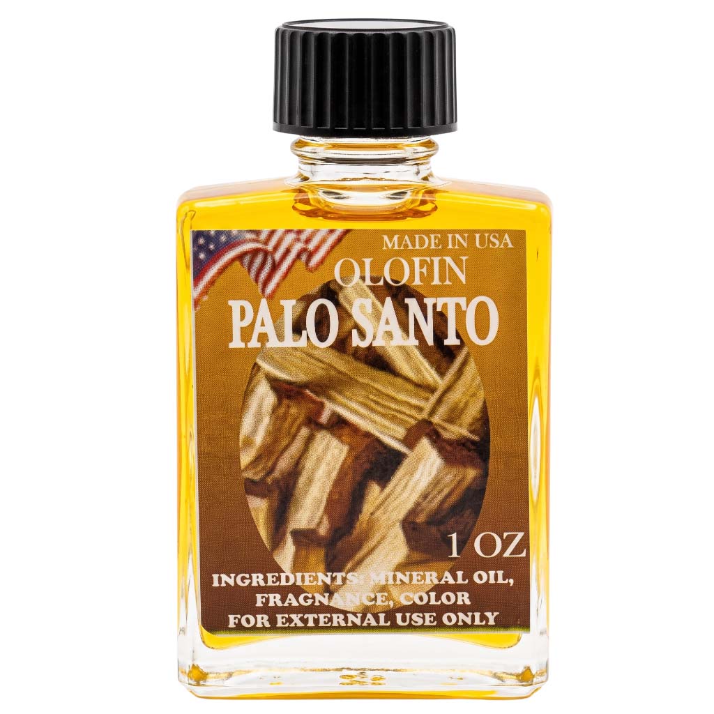A 1 oz bottle of Olofin Palo Santo essential oil fragrance in a clear rectangular glass bottle with a black ribbed cap, featuring a brown label with an American flag and palo santo wood image.