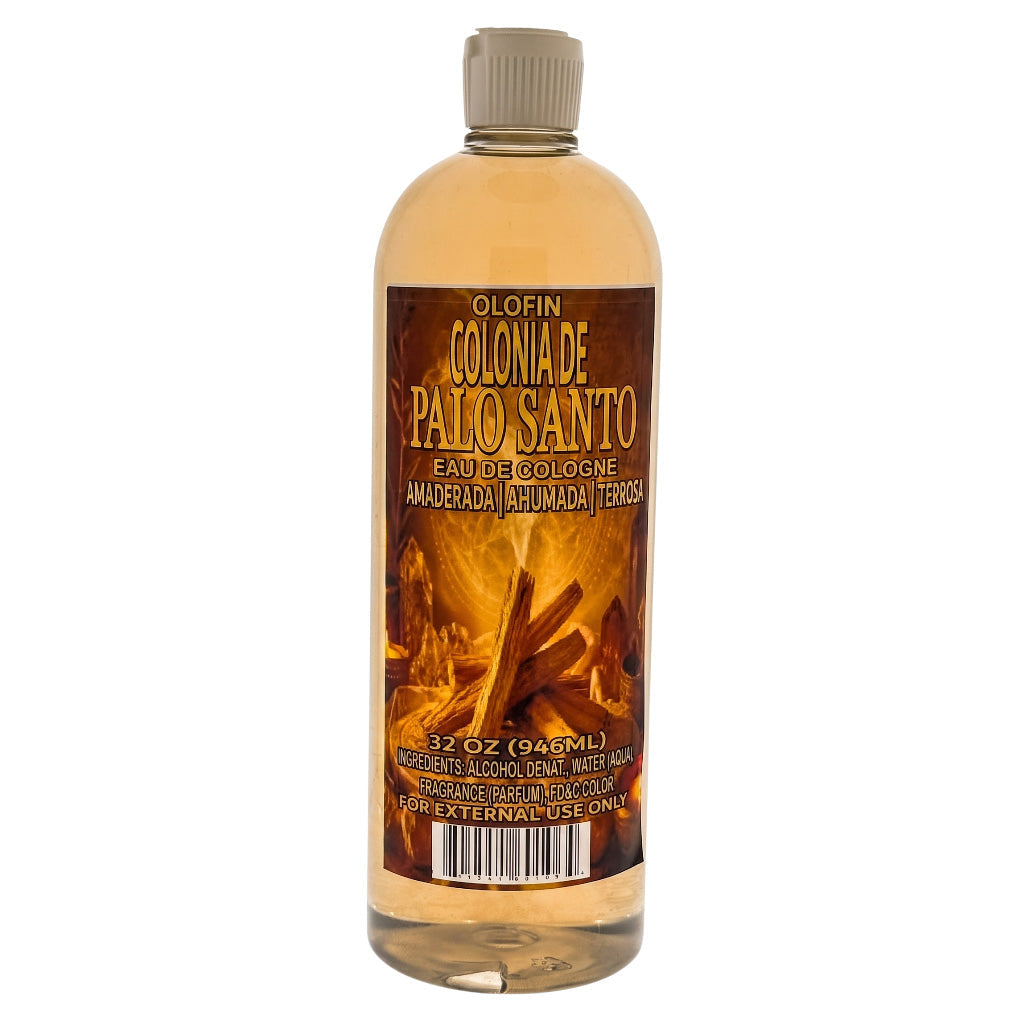 A 32 oz bottle of Olofin Colonia de Palo Santo Eau de Cologne with a brown and gold label depicting a burning palo santo wood pile, on a white background.