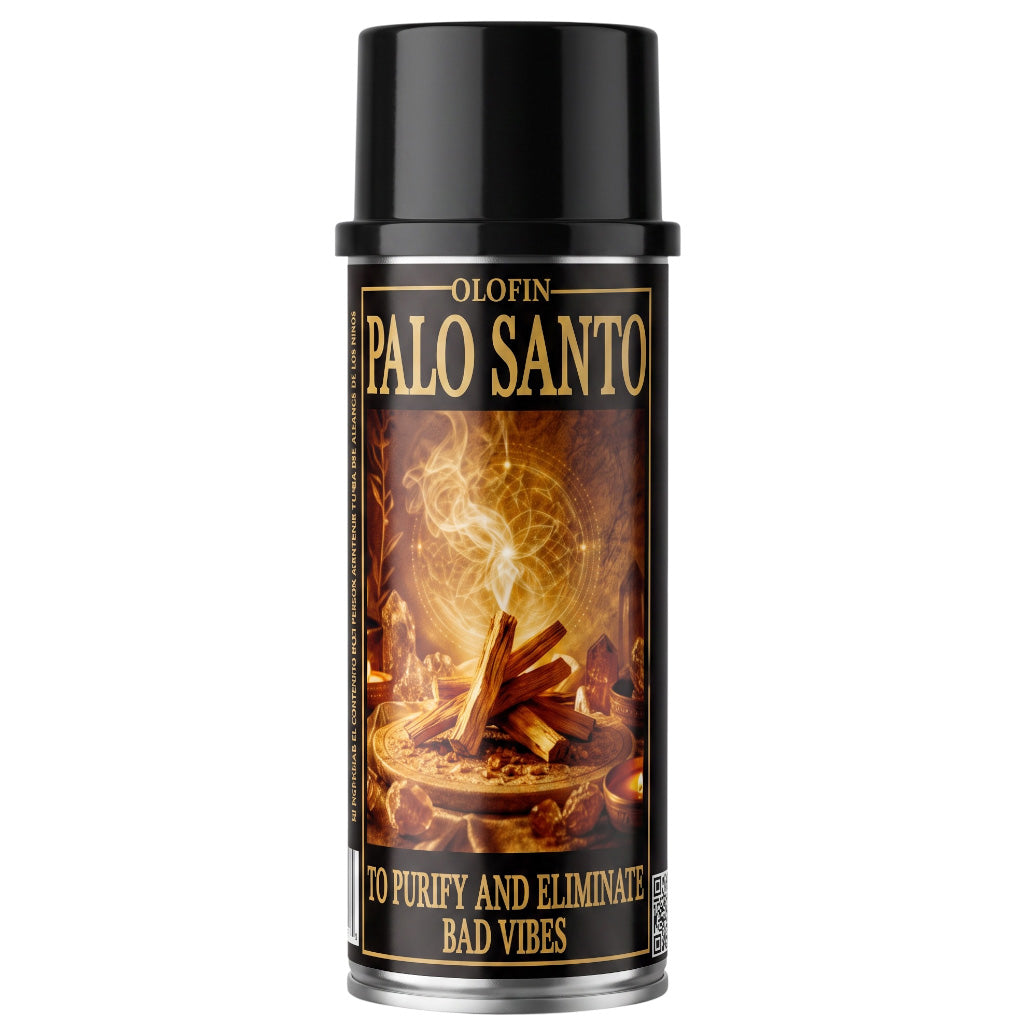 A single aerosol can of Olofin Palo Santo incense spray on a plain white background. The can has a black cap and a black label featuring a warm-toned graphic of burning Palo Santo wood and incense smoke, with gold lettering.
