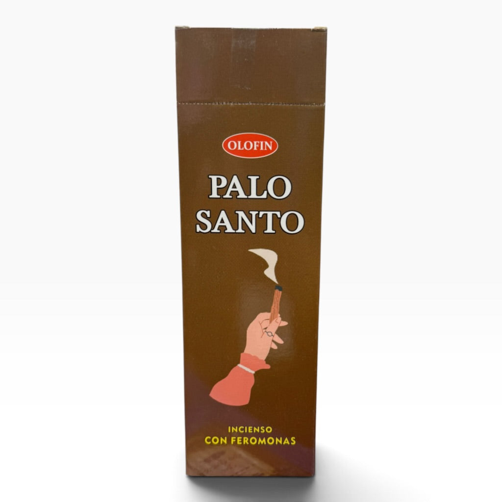 A tall brown rectangular box of Olofin Palo Santo incense with a hand holding a burning taper illustration on the front, set against a plain white background.