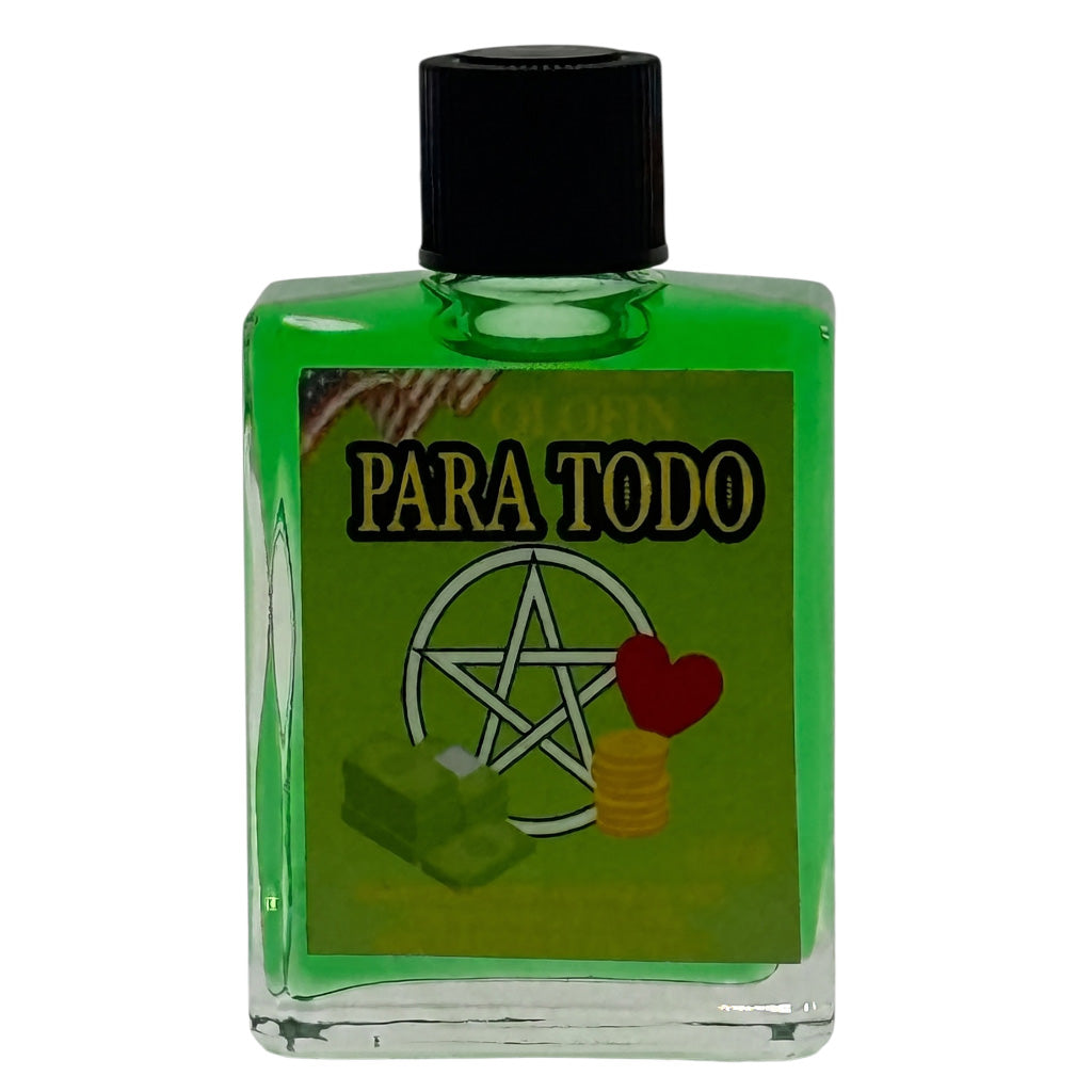 A square glass bottle filled with bright green liquid, featuring a black screw cap and a green front label with the text 'PARA TODO' and a pentagram, red heart, and gold coins graphic.