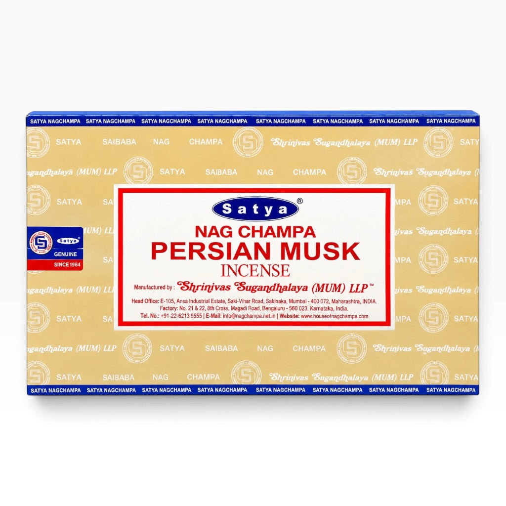 A rectangular box of Satya Nag Champa Persian Musk Incense, featuring a cream-colored background with a blue border and a central white label with red text.